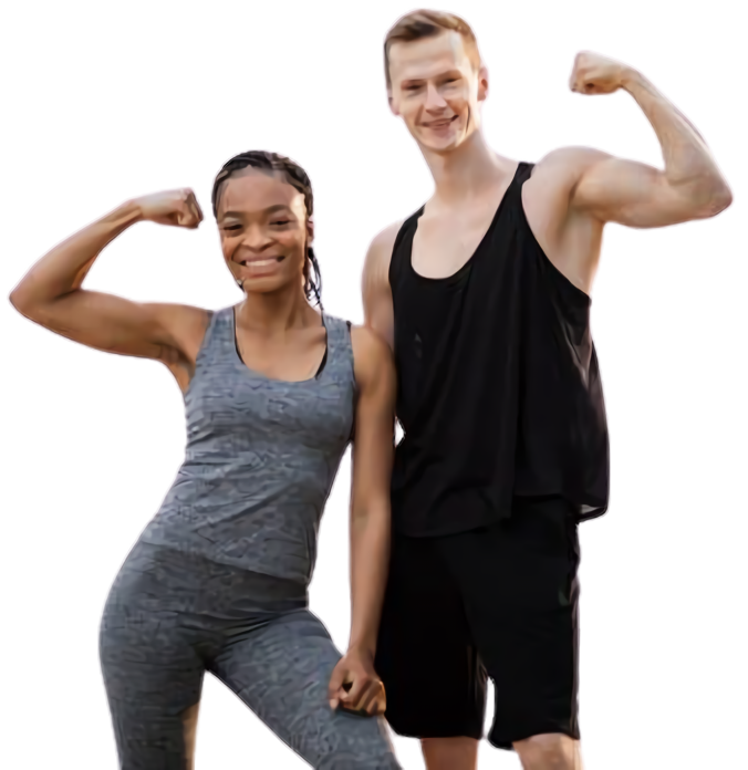 Two people doing a one arm curl or flex pose