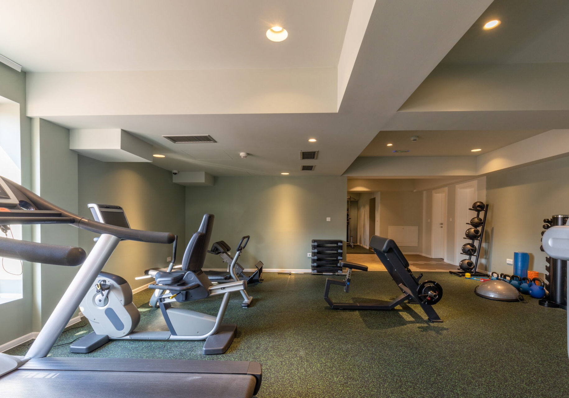 Interior of an empty hotel gym with equipment